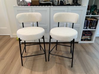 24'' Bar Stools Set of 2, with 4'' Thick Round Seat Tall Metal Bar Stool, White