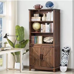 70in Tall Bookshelf 5 Tier Bookcase with Barn Doors and Adjustable Shelves, Brown Farmhouse Book Shelf with Storage Cabinet, Wood Freestanding Display