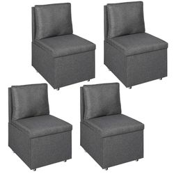 Dining Chairs with Casters Set of 6 Rolling Upholstered Dining Chair with Storage & Detachable Back Pillows, Modern Linen Accent Chair for Kitchen Bed