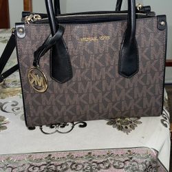Michael Kors logo satchel (brown MK print + black trim)