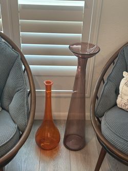 Mid Century Orange 20” Glass Vase Bottle Bubbled and Cut Glass (local pick up)