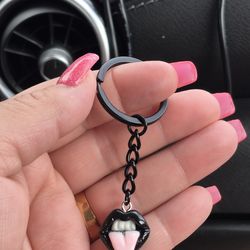 New! Black Chic Lips & Pink Tongue Keychain ☆ Womens Hot Accessory