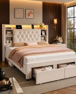 Full Bed Frame with LED Lights, Velvet Upholstered Platform Bed, Drawers