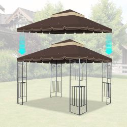 10x10 Ft Outdoor Patio Gazebo Replacement Canopy,Double Tiered Gazebo Tent Roof Top Cover Only Greatwall border(Frame Not Include)-BROWN
