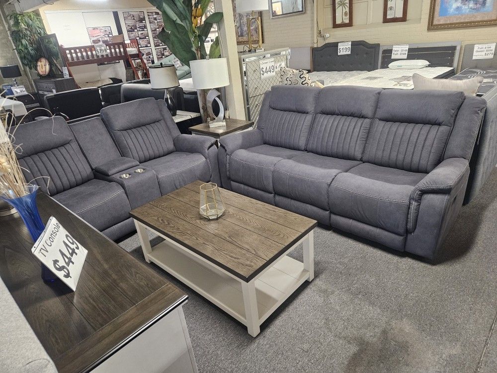 Brand New Gray Linen Manual Reclining Sofa + Loveseat With Cup Holders
