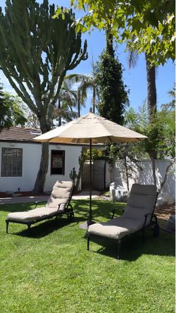 (2) Rolling Iron Patio Chaise Lounge Set + Accessories