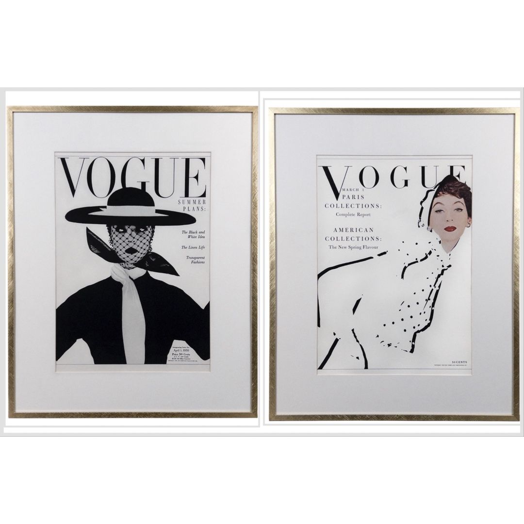 2 XTRA LARGE 20”x16” FRAMED ORIGINAL 1950s VOGUE COVERS