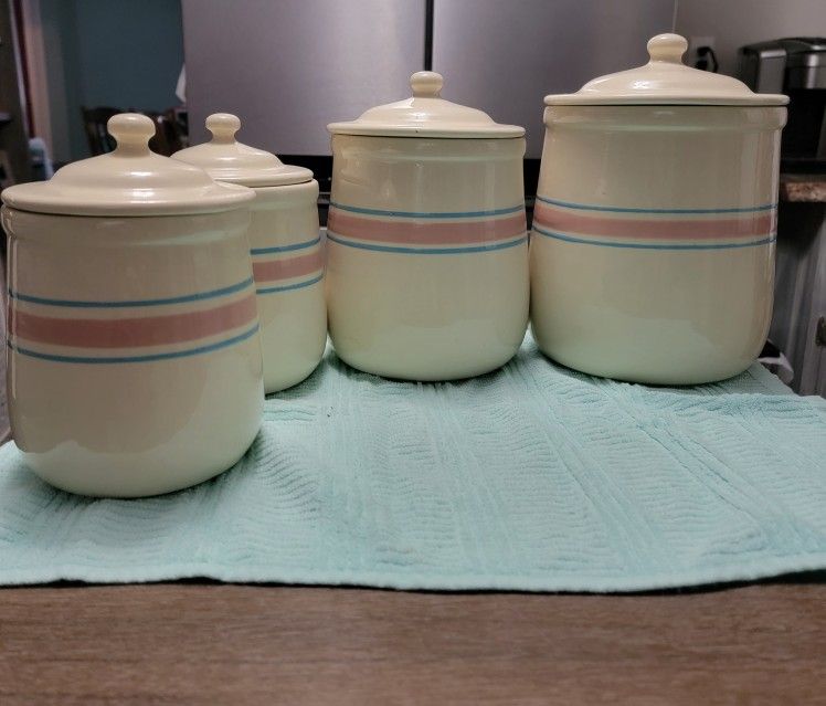 Watt McCoy Blue And Pink Vintage Canisters with Lids