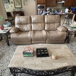 Marble top and french style wrought iron base, set of coffee table and 2 side tables.