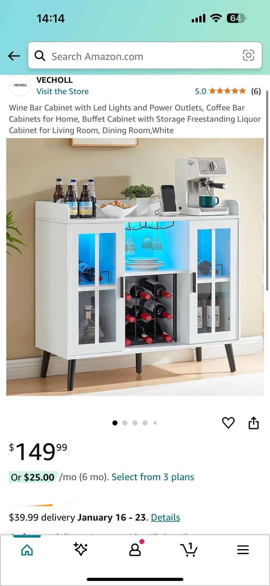 Coffee Bar Cabinet with LED Light, White Bar Cabinet for Home, Liquor Cabinet with Power Outlet & Gl
