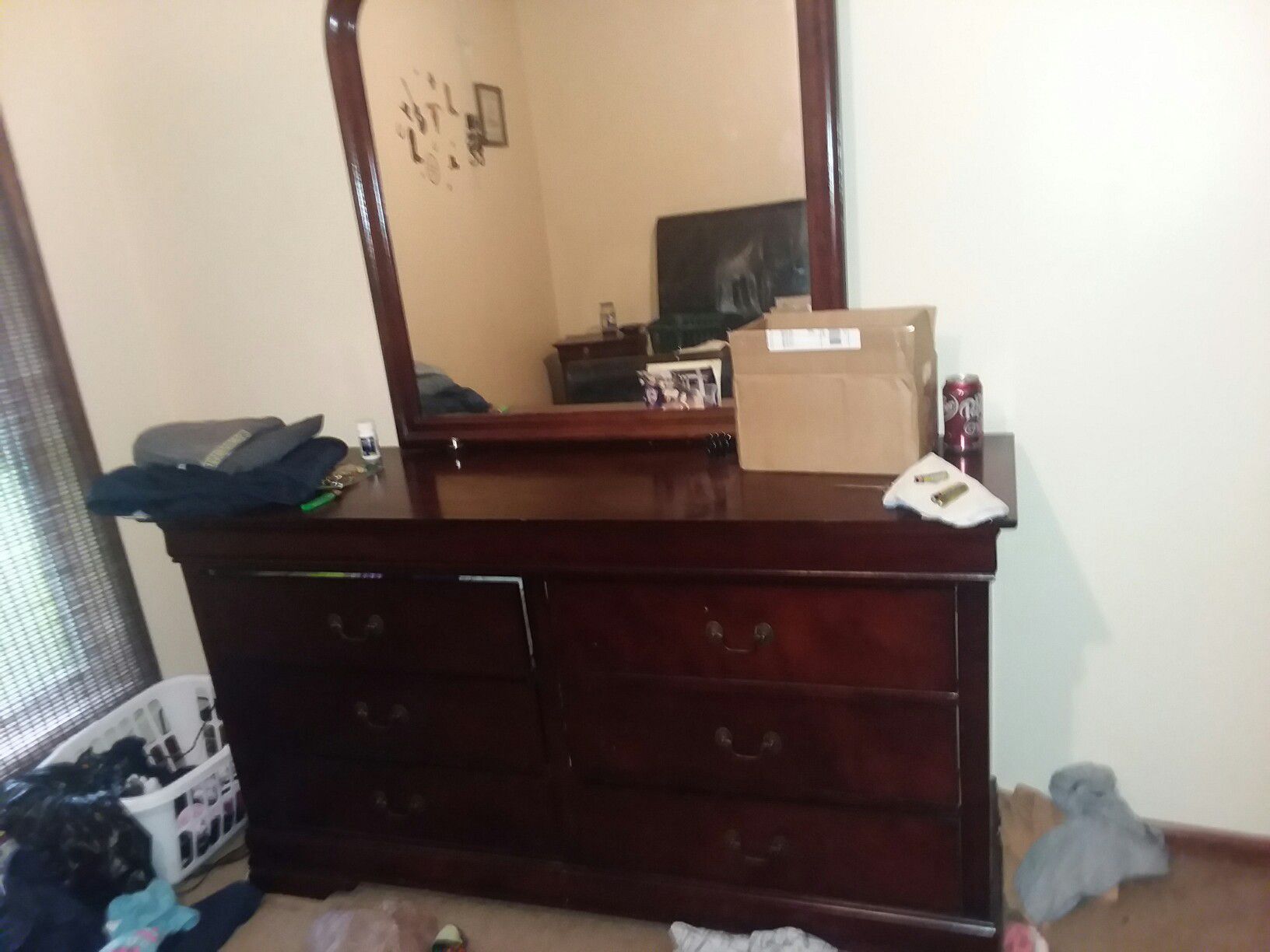 (EXCUSE THE MESS WE ARE IN THE PROCESS OF MOVING!!!) New Cherry wood Dresser W/ Mirror, 5 chesser drawer dresser, and nightstand