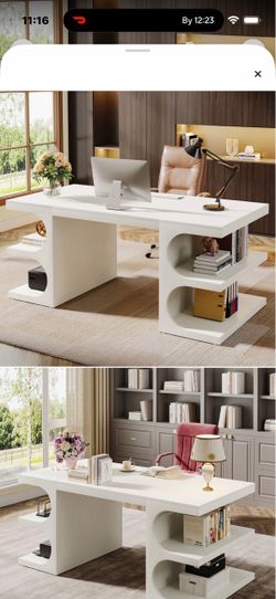 White Modern Office Desk with Built-In Shelves