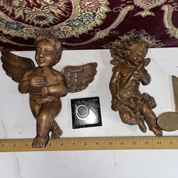 Vintage Carved Wood Musical Angels  Marble & Brass Notes