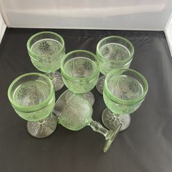 Vintage Six (6) Chantilly Green Cordial Glasses 