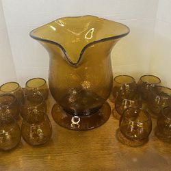 Hand Blown Amber Crackle Glass Vase/Pitcher With 12 Round Bottom Drinking Glasses 