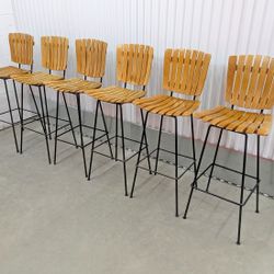 6 Mid Century Modern Wooden Slat Bar Stools 