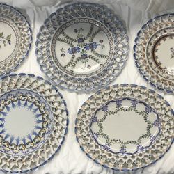 5 VINTAGE MAJOLICA Carvalhinho Porto Portugal Hand Painted Plates Lattice