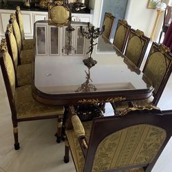 Luxurious Fantastic Dinning Table With Ten Chairs,  Two Of Them Armchair With Beveled Glass .