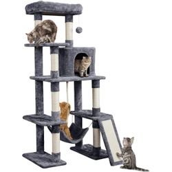 Large Multi-Level Cat Tree, 63 Inches Tall with Sisal-Covered Scratching Posts, Condo, Hammock, Dangling Ball, and Extended Platform for Cats to Play 