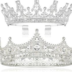 2 Pcs Silver Tiara Crowns Prom King and Queen Crowns Set Valentine's Day Costume Hair Accessory for Men Women King Queen Prince Princess Tiara for Bir