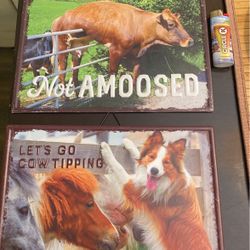 Set Of Metal (Tin) Country Signs - Cow / Dog With Horses 