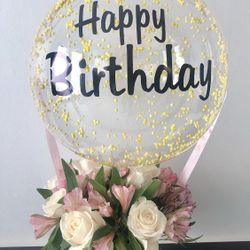 Brand New Happy Birthday Balloon And Flower Arrangement
