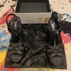 Saint Laurent Tribute 105 Platform Leather Black Glitter Heels Size 41
