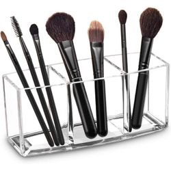 Acrylic Makeup Brush Organizer Holder Clear Cosmetic Brushes Storage with 3 Slots
