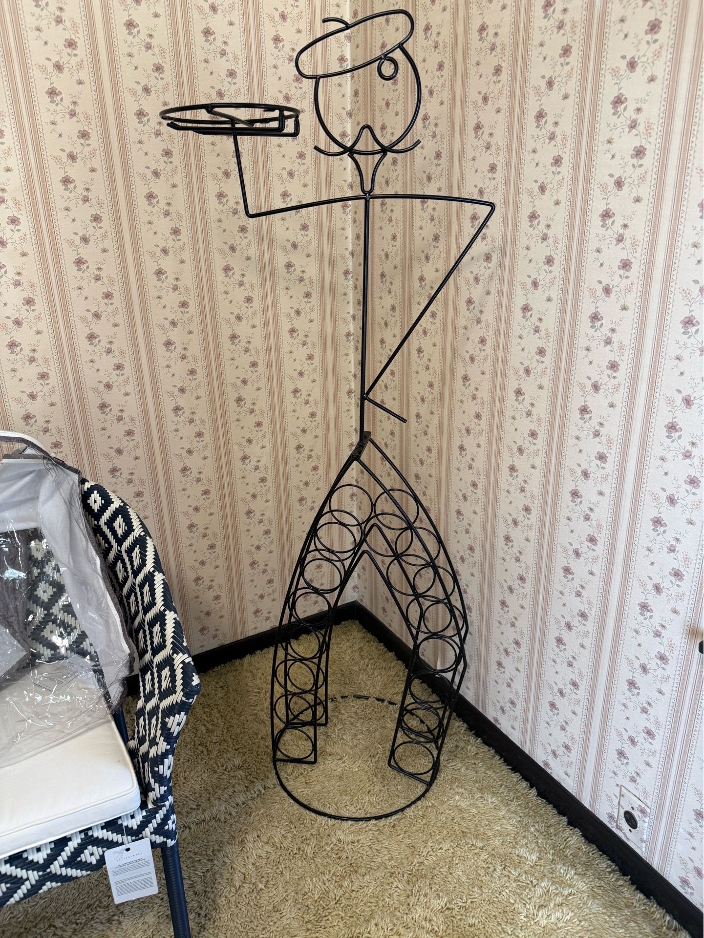French Waiter Figure Wire Wine Rack in the style of John Risley. 66” inches tall