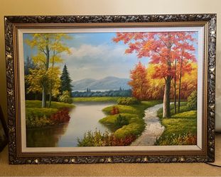 Framed Autumn Landscape Oil Painting