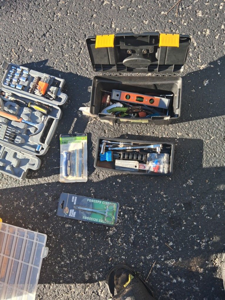 Tools- Sockets, Tool Pouch, Bits, Wrenches, Hammer, Leveler, Plastic Organizer, Tool box, As pictured, Sell all $50