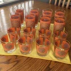 Set Of 16 Jeannette Glassware Vintage Celestial Aztec Sun Atomic Orange Gold Trim