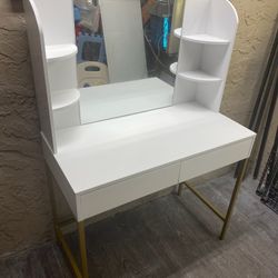 Modern White & Gold Vanity Desk with Mirror & Drawers - Local Delivery for a Fee - See My Items 