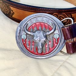 Vintage Western Tooled Leather Belt w/ Rare Removable Longhorn Enamel Buckle