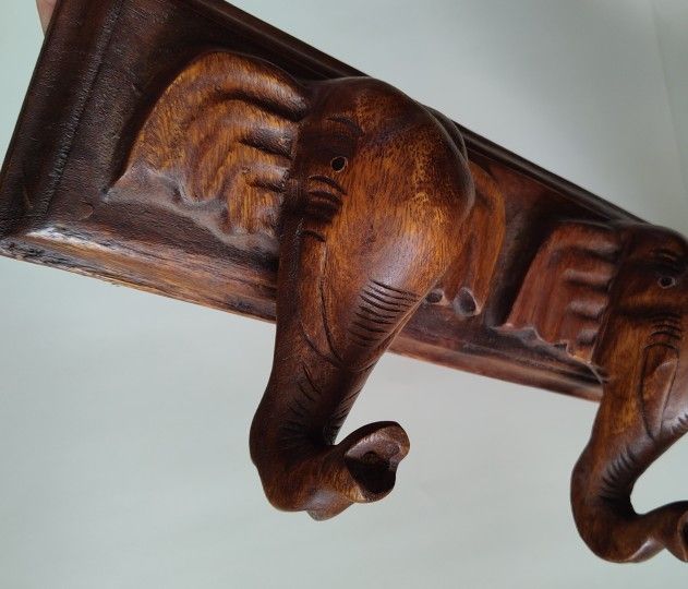 Vintage Hand Carved Elephant Wall Hooks or Wall Art