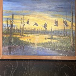 Framed Landscape Painting – Birds at Sunset