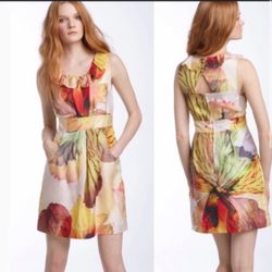 Anthropologie Leifsdottir Yellow Watercolor Floral 100% Silk Dress Size 10
