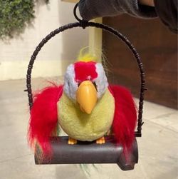 Vintage 90’s Plush Macaw Parrot on Wooden Swing Perch — Colorful Red/Yellow/Green Home Décor Piece