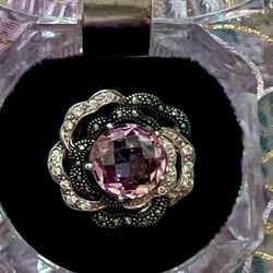 Pink Cubic Zirconia, White Cubic Zirconia and Marcasite Sterling Silver Ring