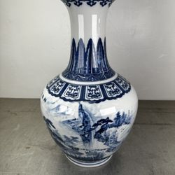 Chinese Blue And White Landscape Scene Large Bottle Vase Scholars Qing Style