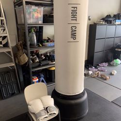 LIKE NEW: Fight Camp punching bag, base, mat, tracker, hand wraps & 4 pair of boxing gloves 