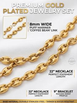 NEW Gold Plated Stainless Steel Puffed Mariner Link Chain Set 22" Necklace 9" Bracelet 8mm