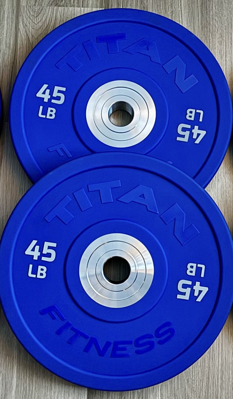 Two Titan Fitness 45lb Urethane Bumper Plates
