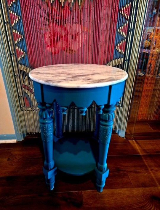 Art Deco White Marble Top Wood Teal Blue Console Accent Table 25"× 18" Check My Other Listings 