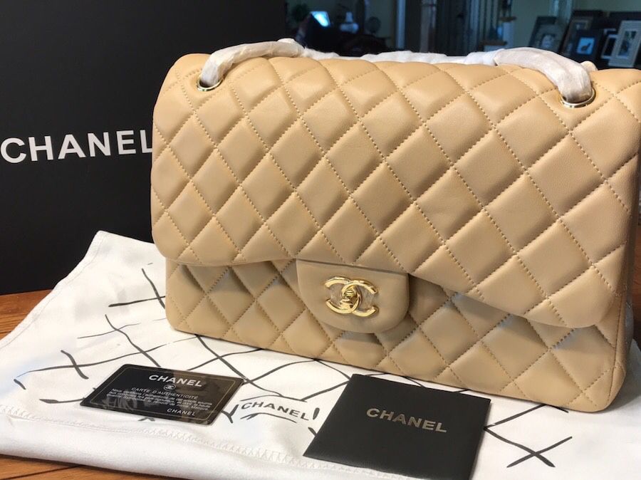 Chanel Quilted Double Flap Lambskin Leather Beige Jumbo size Bag