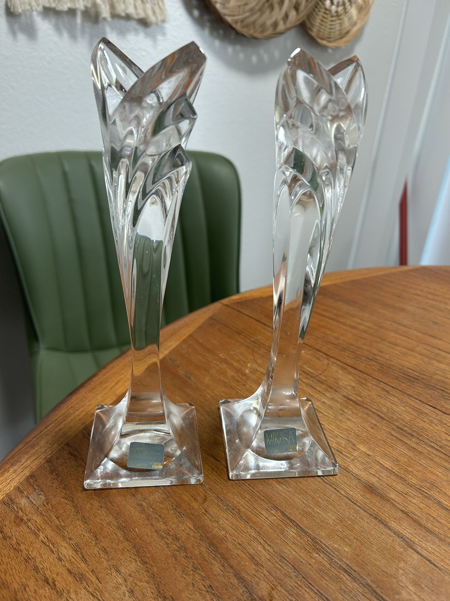 Pair of MIKASA Slovenia Lead Crystal Candlestick Art Deco Holders 5 1/2"