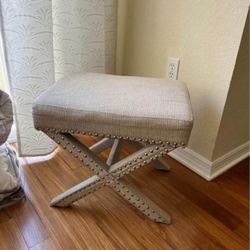 Elegant Beige Upholstered Stool with Nailhead Trim