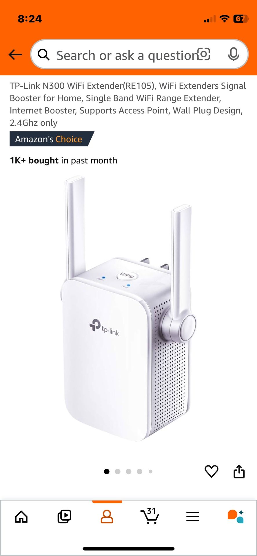 TP-Link N300 WiFi Extender(RE105), WiFi Extenders Signal Booster for Home, Single Band WiFi Range Extender, Internet Booster