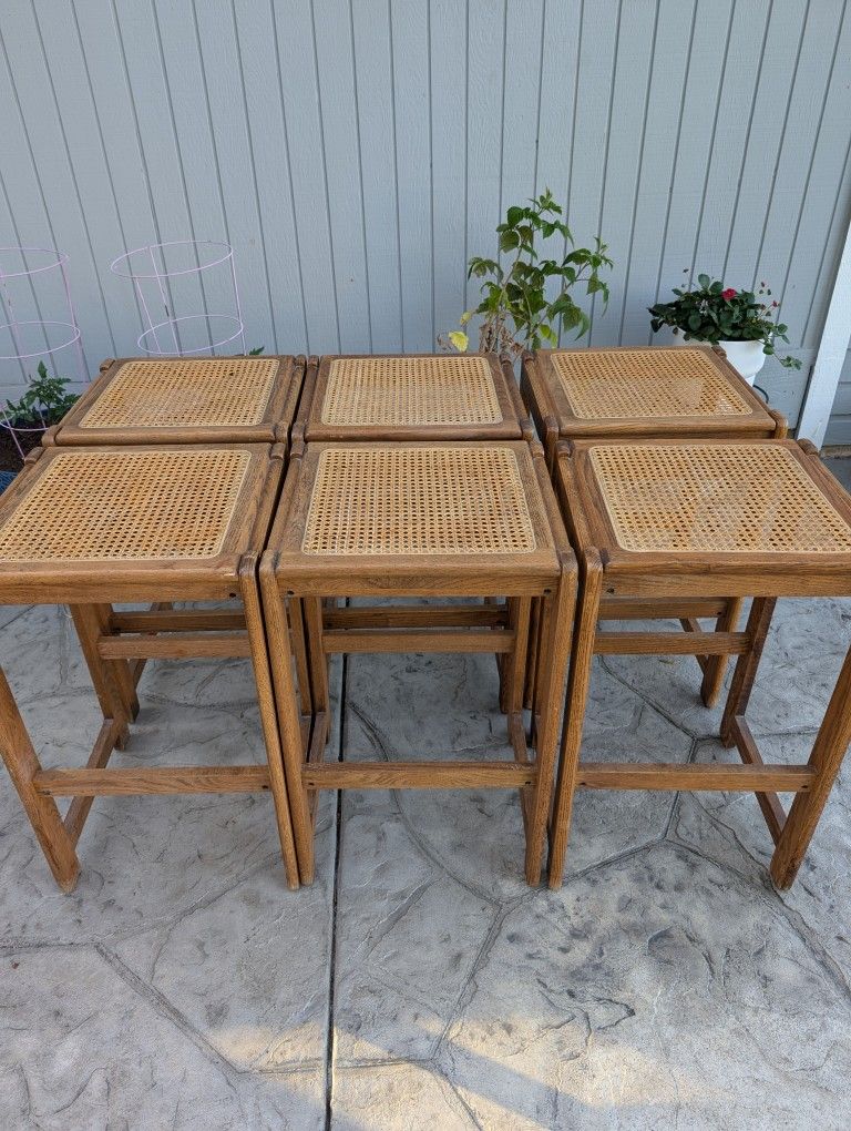 Set of 6 Vintage Mid Century Modern MCM Oak Rattan Cane Bar Stools