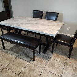  New Dining Set Faux White Marble Top W/ 4 Chairs & Bench $789